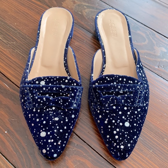 J. Crew Velvet loafer Mule Shoes Blue Silver Sparkle